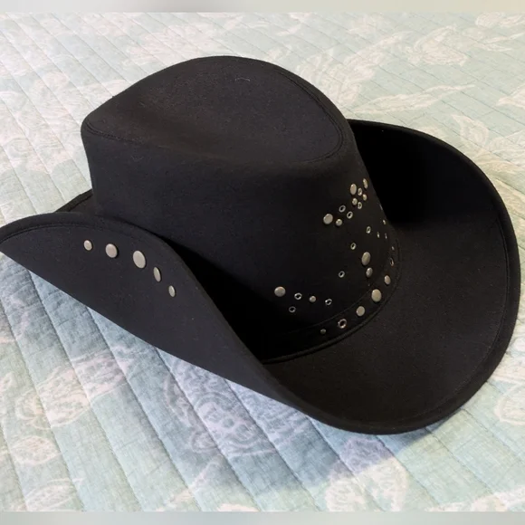 Black Jeans Studded, Light Weight, Women's Cowboy Hat With Side Snap Buttons. - Picture 1 of 12